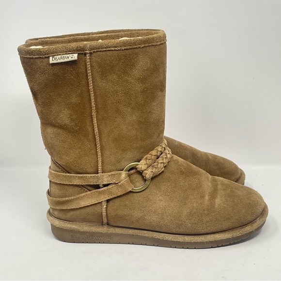 BearPaw Adele Boots Womens 9 Brown Tan Suede Fur Lined Mid Calf Braided Strap - Picture 3 of 16